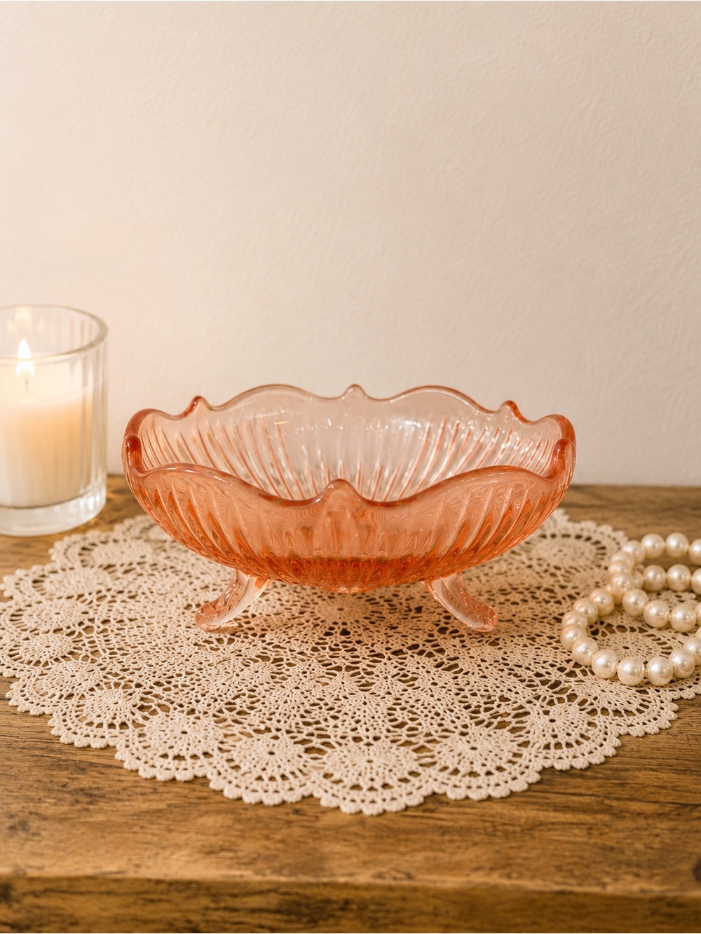 Pink Depression Glass Footed Bowl | Scalloped Candy Dish